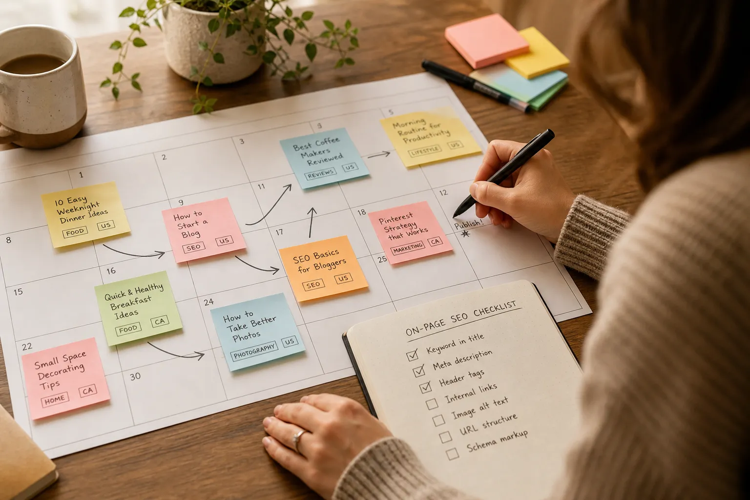 Plan 4 weeks of SEO posts in one hour. This calendar maps clusters, backlinks, hreflang, and indexing so you rank, earn links, and show up in AI answers.