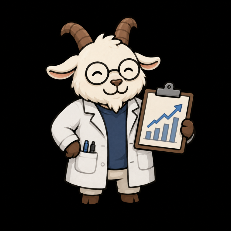 The RankGoat mascot, a goat in a lab coat holding a rising chart
