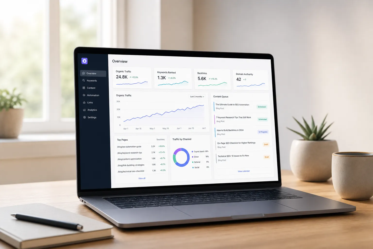 An SEO dashboard illustration: organic traffic climbing over three months, alongside counts for keywords ranked, backlinks earned and domain authority.